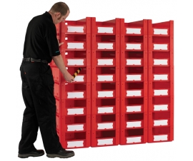 Pick Wall Of 32 Medium Plastic Euro Containers With Open Fronts