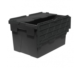 65 Litre Black Heavy Duty Plastic Storage Box Tote Crates with Hinged Lids