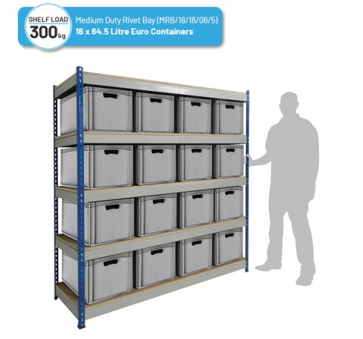 Shelving Bay with 16 x BK-ES64/32 (64.5 Litre) Euro Stacking Containers