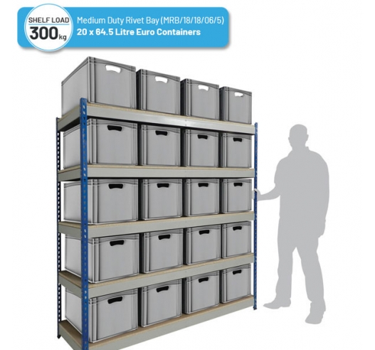 Shelving Bay with 20 x BK-ES64/32 (64.5 Litre) Euro Stacking Containers