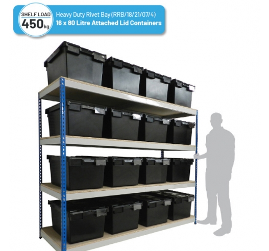 Heavy Duty Shelving Bay with 16 x LC3-V/Black (80 Litre) Attached Lid Containers