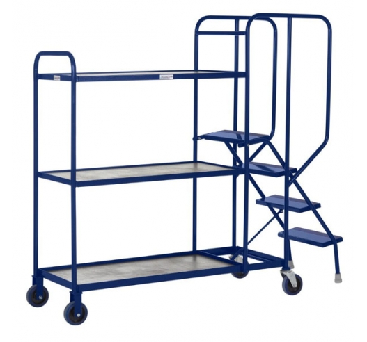 3 Tier Picking Trolleys With Timber Shelves In Blue