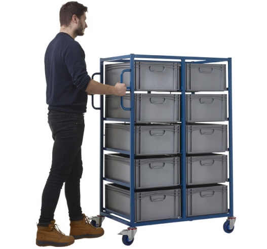 Double Width Mobile Tray Rack With 10 Containers In Use