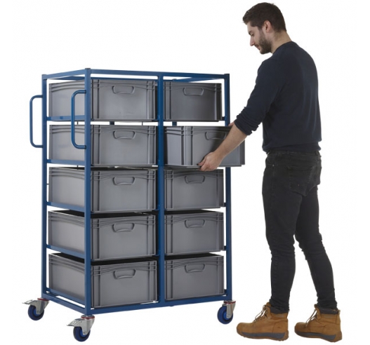 Double Width Mobile Tray Rack With 10 Containers In Use