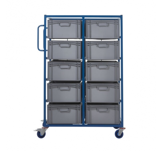 Double Width Mobile Tray Rack With 10 Containers Side View