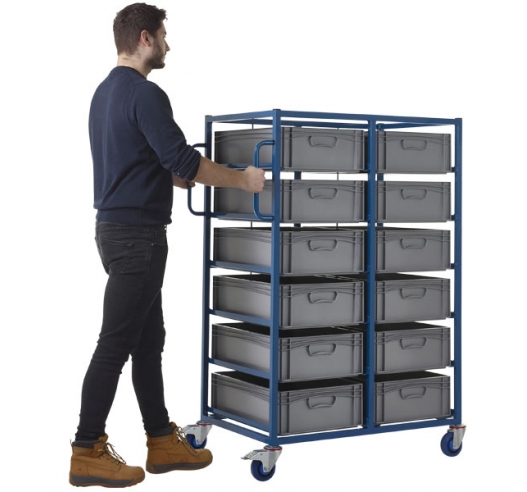 Double Width Mobile Tray Rack with 12 Containers In Use
