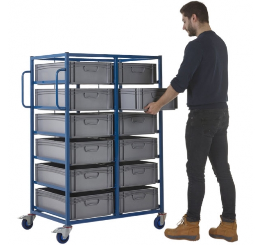 Double Width Mobile Tray Rack with 12 Containers In Use