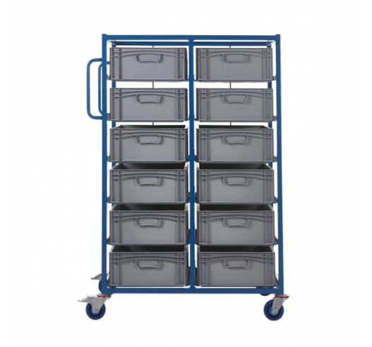 Double Width Mobile Tray Rack with 12 Containers Side View