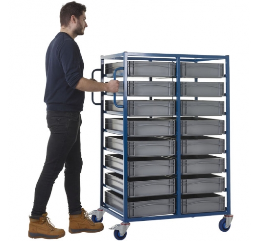 Double Width Mobile Tray Rack With 16 Containers In Use