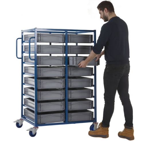 Double Width Mobile Tray Rack With 16 Containers In Use