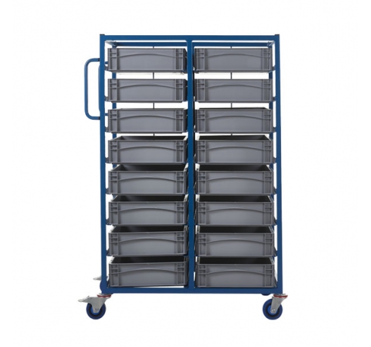 Double Width Mobile Tray Rack With 16 Containers Side View