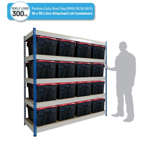 Shelving Bay with 16 x PLAS52ALC (52 Litre) Attached Lid Containers